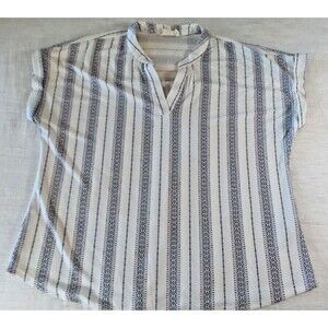 Flower & Feather White Blue Striped Short Sleeve Blouse size XLarge